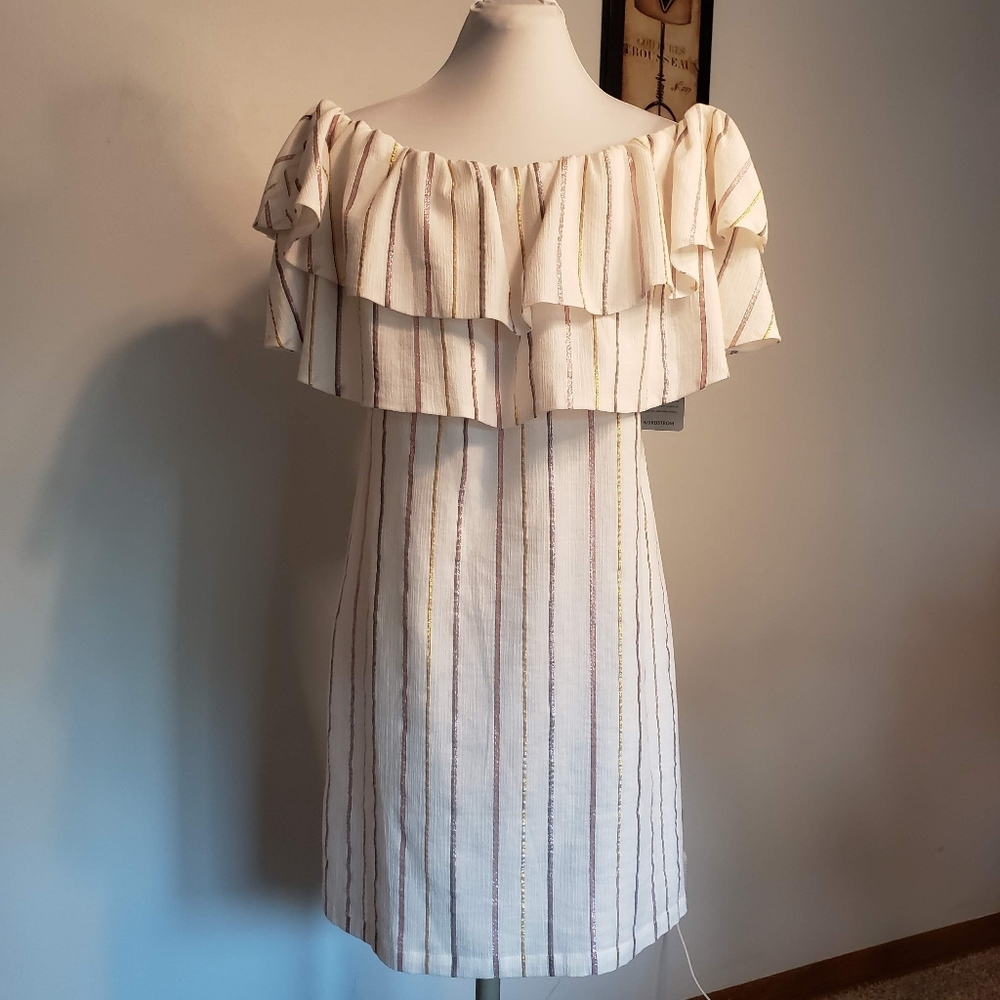 CHARLES HENRY Metallic Stripe Ivory Popover Dress Sz M NWT